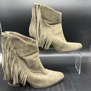 Just Fab Mercenne Fringe Ankle Bootie Womens Size 9 Sage Pointed Toe Suede